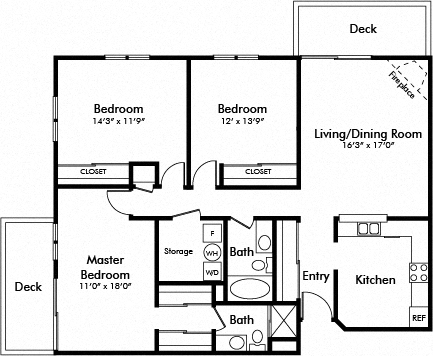 Floor plan for 3 beds, 2 baths, 1294 sqft