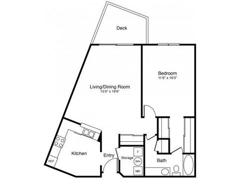 Floor plan for 1 bed, 1 bath, 865 sqft