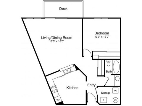 Floor plan for 1 bed, 1 bath, 893 sqft