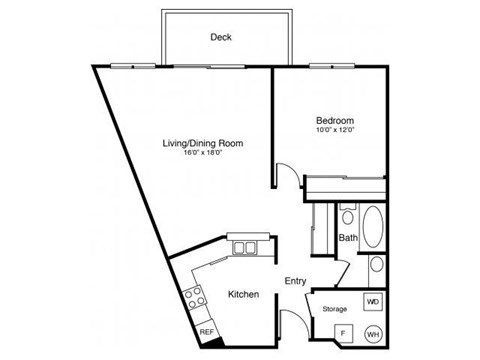 Floor plan for 1 bed, 1 bath, 781 sqft