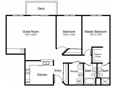Floor plan for 2 beds, 2 baths, 1260 sqft