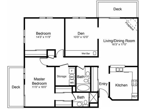 Floor plan for 2 beds, 2 baths, 1294 sqft