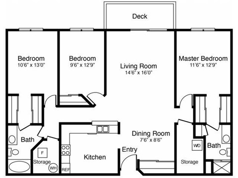 Floor plan for 3 beds, 2 baths, 1447 sqft