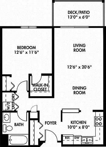 Floor plan for 1 bed, 1 bath, 760 sqft