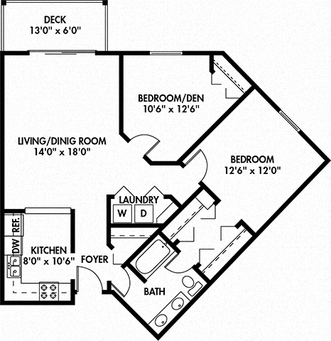 Floor plan for 1 bed, 1 bath, 980 sqft