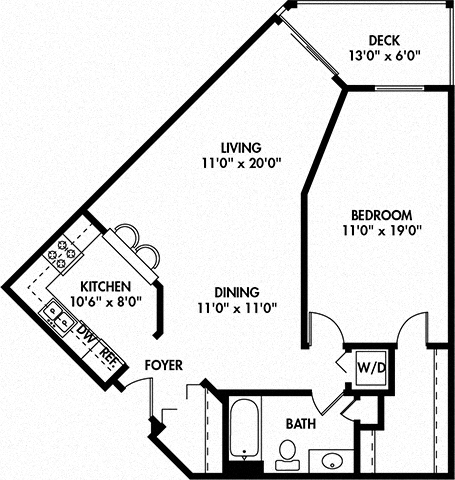 Floor plan for 1 bed, 1 bath, 841 sqft