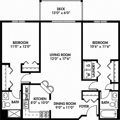 Floor plan for 2 beds, 2 baths, 1012 sqft