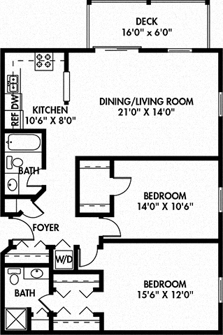 Floor plan for 2 beds, 2 baths, 1150 sqft