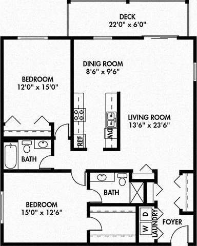 Floor plan for 2 beds, 2 baths, 1356 sqft