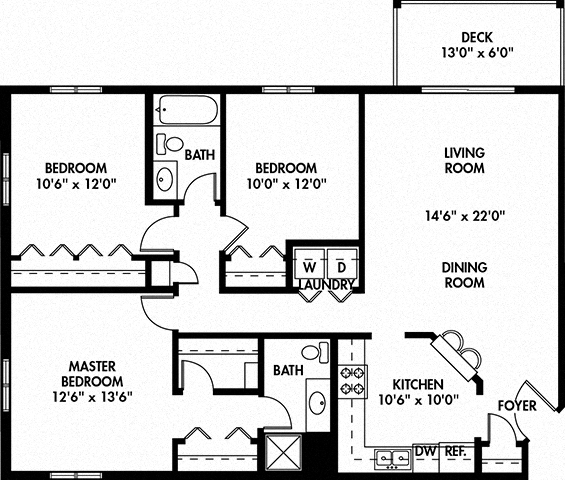 Floor plan for 3 beds, 2 baths, 1308 sqft