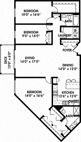 Floor plan for 3 beds, 2 baths, 1577 sqft