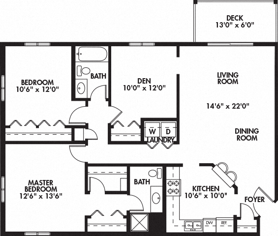Floor plan for 2 beds, 2 baths, 1308 sqft