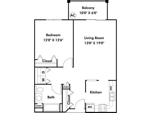 Floor plan for 1 bed, 1 bath, 755 sqft
