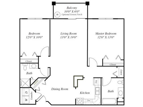 Floor plan for 2 beds, 2 baths, 1032 sqft