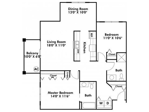 Floor plan for 2 beds, 2 baths, 1060 sqft