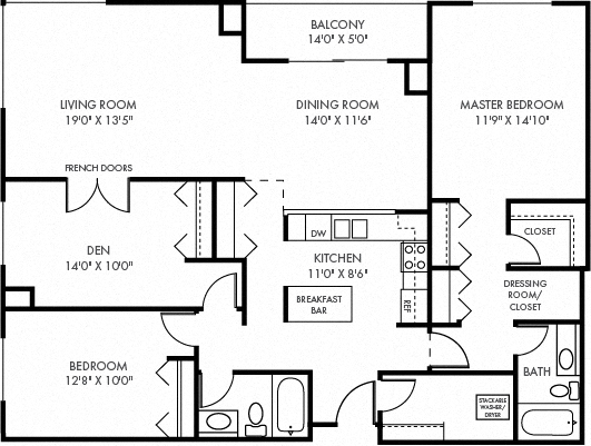 Floor plan for 3 beds, 2 baths, 1584 sqft