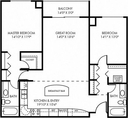 Floor plan for 2 beds, 2 baths, 1219 sqft