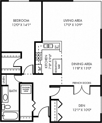 Floor plan for 2 beds, 1 bath, 1088 sqft