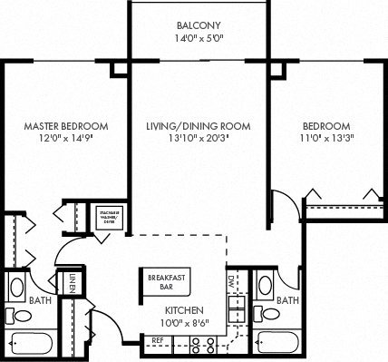 Floor plan for 2 beds, 2 baths, 1045 sqft