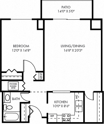 Floor plan for 1 bed, 1 bath, 894 sqft
