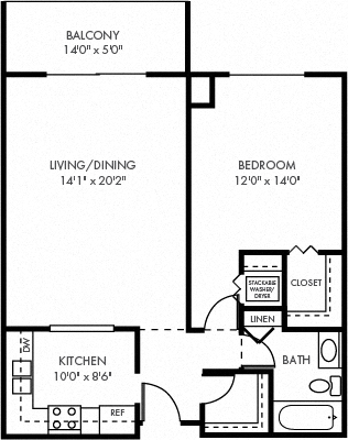 Floor plan for 1 bed, 1 bath, 820 sqft