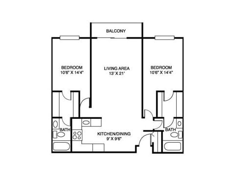 Floor plan for 2 beds, 2 baths, 1068 sqft