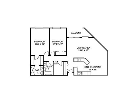 Floor plan for 2 beds, 2 baths, 1560 sqft