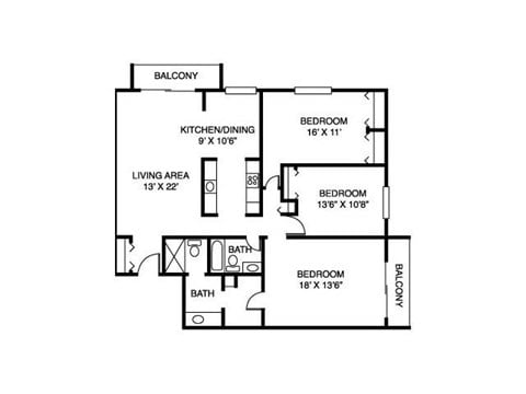 Floor plan for 3 beds, 2 baths, 1485 sqft