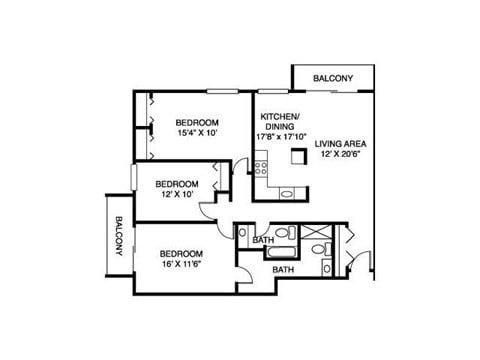Floor plan for 3 beds, 2 baths, 1260 sqft