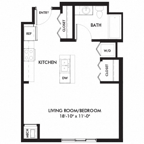 Floor plan for studio, 1 bath, 521 sqft