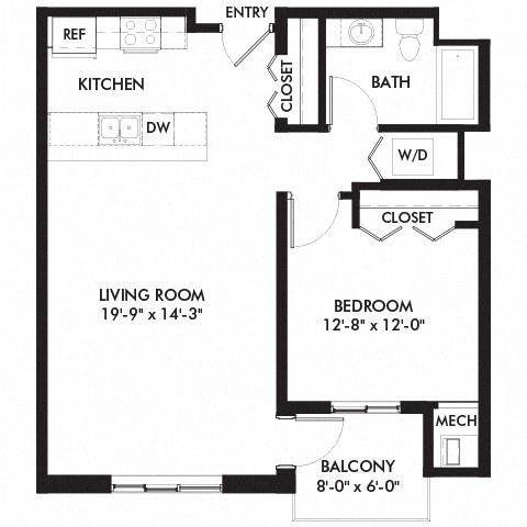 Floor plan for 1 bed, 1 bath, 774 sqft