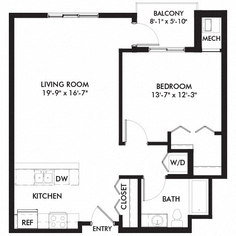 Floor plan for 1 bed, 1 bath, 804 sqft