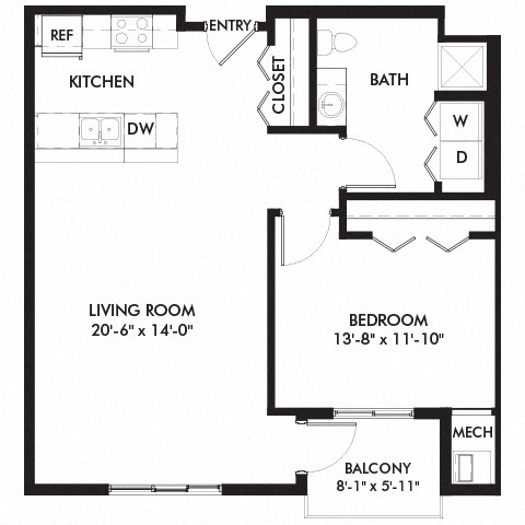 Floor plan for 1 bed, 1 bath, 800 sqft