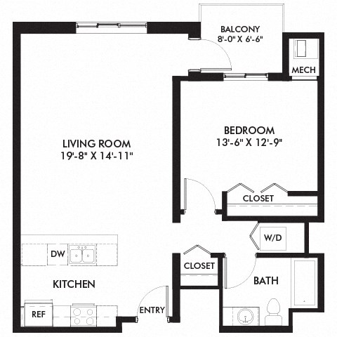 Floor plan for 1 bed, 1 bath, 807 sqft