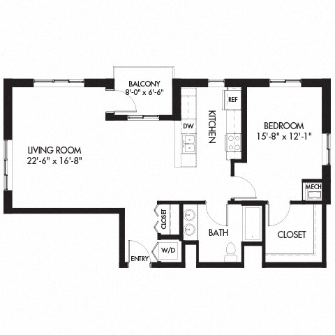 Floor plan for 1 bed, 1 bath, 967 sqft