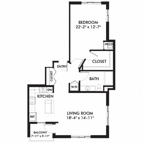 Floor plan for 1 bed, 1 bath, 986 sqft