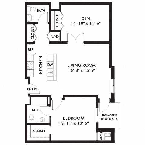 Floor plan for 2 beds, 1.5 baths, 1078 sqft