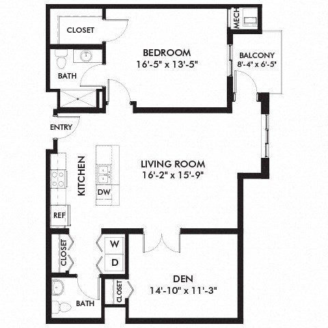 Floor plan for 2 beds, 1.5 baths, 1130 sqft