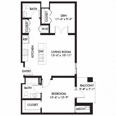 Floor plan for 2 beds, 1.5 baths, 905 sqft