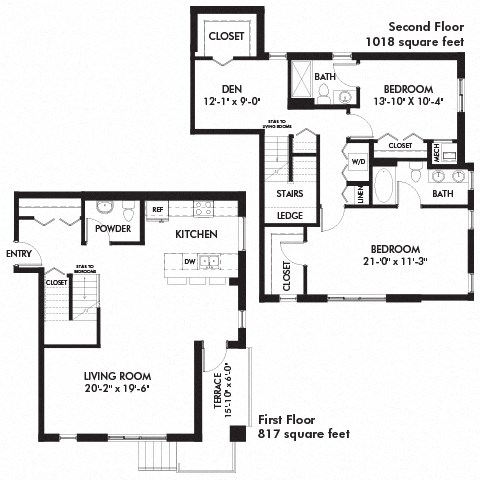 Floor plan for 2 beds, 2.5 baths, 1835 sqft