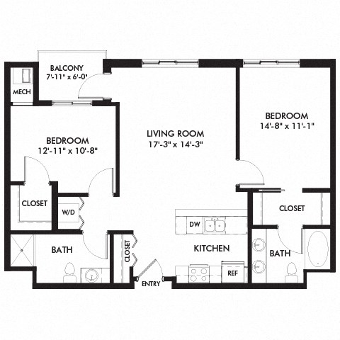 Floor plan for 2 beds, 2 baths, 1050 sqft