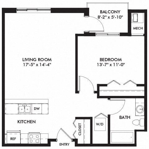 Floor plan for 1 bed, 1 bath, 757 sqft