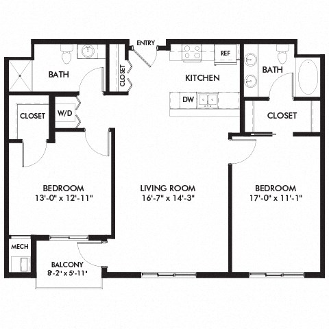 Floor plan for 2 beds, 2 baths, 1136 sqft