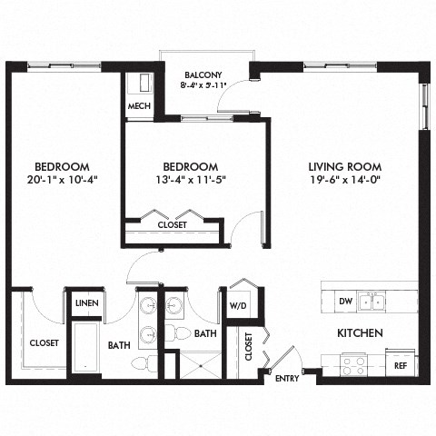 Floor plan for 2 beds, 2 baths, 1133 sqft