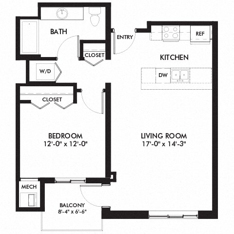 Floor plan for 1 bed, 1 bath, 734 sqft