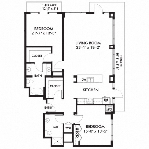 Floor plan for 2 beds, 2 baths, 1498 sqft