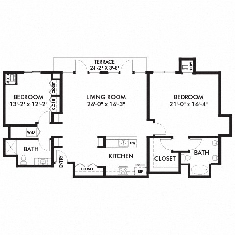Floor plan for 2 beds, 2 baths, 1531 sqft