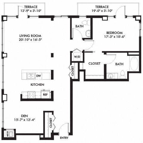 Floor plan for 1 bed, 1.5 baths, 1268 sqft