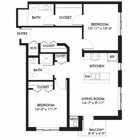 Floor plan for 2 beds, 2 baths, 1078 sqft