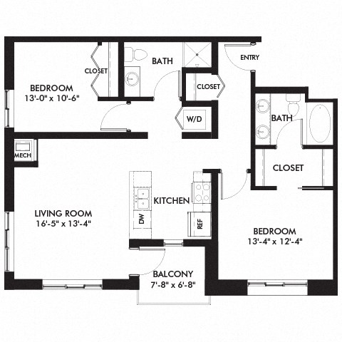 Floor plan for 2 beds, 2 baths, 1006 sqft